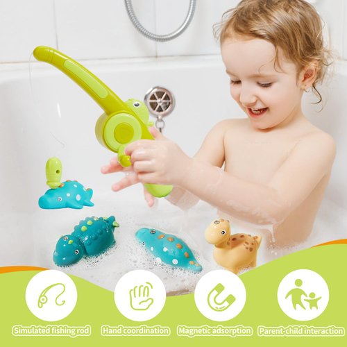 Bath Toys for Kids Ages 1-3 - Magnetic Fishing Toy with Fishing Rod, 8PCS Water Table Toys Soft Rubber Dinosaurs Fishing Game Floating Pool Bathtub Water Toys for Age 1 2 3 4 Year Old