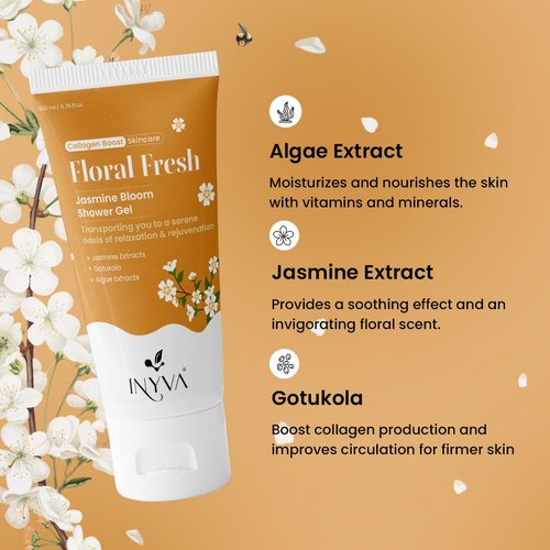 INYVA FloralFresh Jasmine Bloom Shower Gel | With Algae, Gotukola & Jasmine Extract | Luxurious Refreshing Cleanse | Hydrates & Soothes Skin | Invigorating Floral Scent | For All Skin Types - 200ml