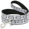 Dog Leash Buckle Down Skulls Wings White Black 4 Feet Long 1.0 Inch Wide
