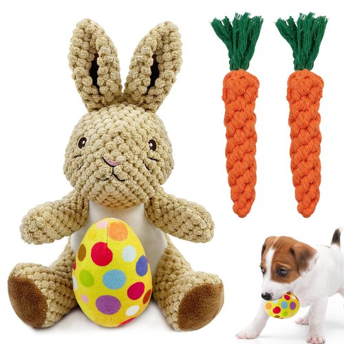 AIHSUMC 4 Pcs Easter Dog Squeaky Toys, Stuffed Dog Toy Plush Easter Egg Bunny Rabbit Toys with Crinkle Interactive Rope Carrot Easter Gift for Puppy Small Medium Dogs