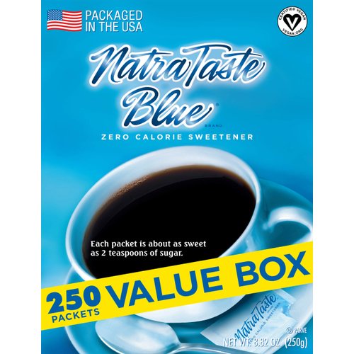NatraTaste Blue Zero Calorie Sweetener, Bulk Sugar Substitute for Coffee, Iced Tea, Lemonade, Hot & Cold Drinks, Baking, Cooking, Low Carb, Vegan, Sugar Alternative, 250 Packets Value Box (1 pack)