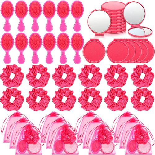 SiliFine 12 Set Pink Girl Party Favors Kids Makeup Party Favor, Pink Hair Brush Elastic Pink Scrunchies Compact Pink Cosmetic Mirror Pink Organza Bags Hair Accessories for Girls Women