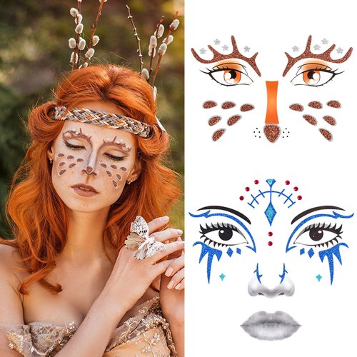 2 Pcs Christmas Deer Glitter Face Stickers Ice Snow Monarchess Face Temporary Tattoos Cute Reindeer Face Jewels Art Decals for Makeup Halloween Birthday Carnival Party Decoration Supplies
