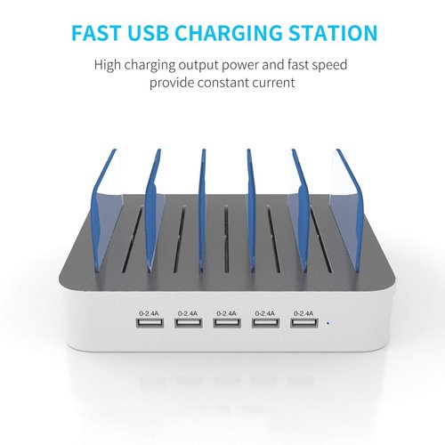 Charging Station for Multiple Devices, MSTJRY 5 Port Multi USB-A Charger Station with Power Switch Designed for iPhone iPad Cell Phone Tablets (White, 6 Mixed Short Cables Included)
