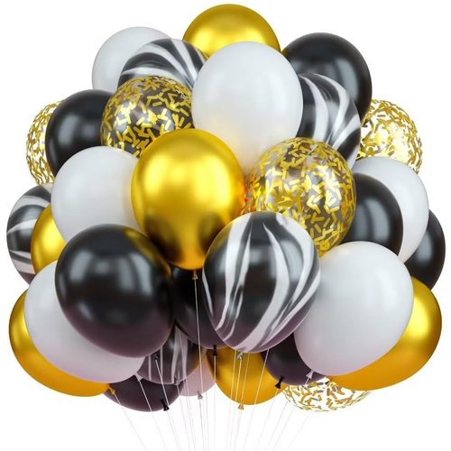 Black and Gold Balloons, Pack of 60 Black White Agate Marble Balloon Set with Metallic Gold Confetti Balloons, Latex Helium Balloons for Birthday Wedding Graduation Anniversary Party Supply Decoration