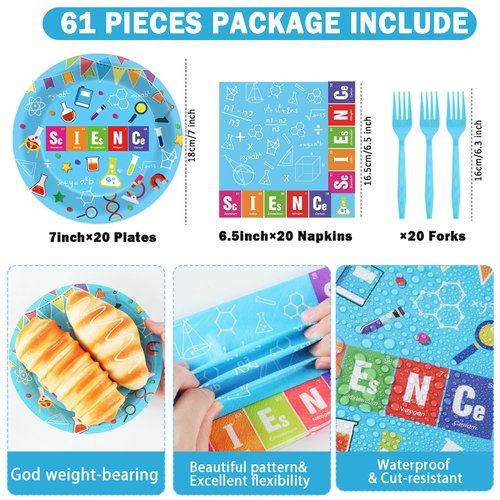 chiazllta Science Party Supplies Tableware Set for 20 Guests Little Scientist Party Birthday Plates Laboratory Party Decorations Includes 7inch Plates, Napkins, Tablecloth