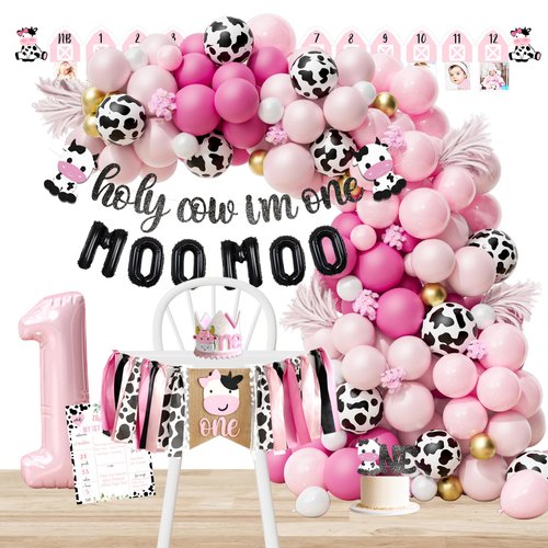 Cow First Birthday Party Decorations, Farm First Birthday Party Supplies, Holy Cow I'M One Birthday Decorations, 1st Birthday Girl Decoration, First Birthday Decoration for Girl, Farmhouse Animal Cow