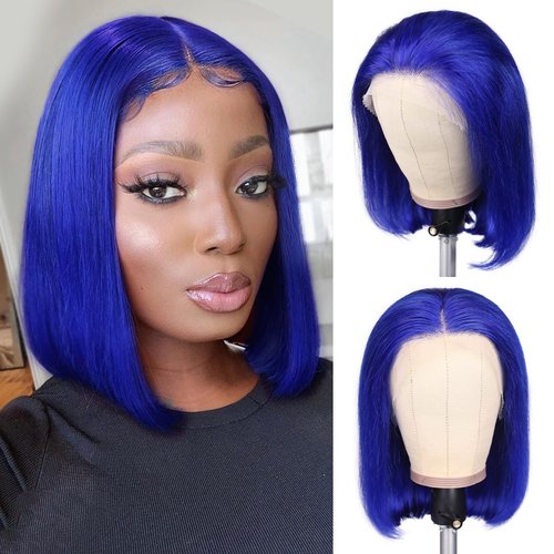 FAVE Bob Wig Human Hair 13x4 Frontal Lace Wig 180% Density Bob Glueless Wigs Human Hair Pre Plucked with Baby Hair 12 Inch Blue Wig Short Human Hair Wigs For Black Women(Blue)