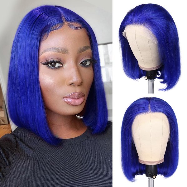 FAVE Bob Wig Human Hair 13x4 Frontal Lace Wig 180% Density Bob Glueless Wigs Human Hair Pre Plucked with Baby Hair 12 Inch Blue Wig Short Human Hair Wigs For Black Women(Blue)