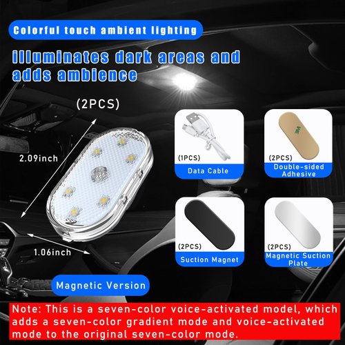 Dickno 2PCS Wireless Led Lights for Car Interior, 7 Colors Magnetic Auto Interior Light with 6 Bright LED Lamp Beads, Portable USB Rechargeable Interior Led Night Light Decor (Voice Control Colorful)