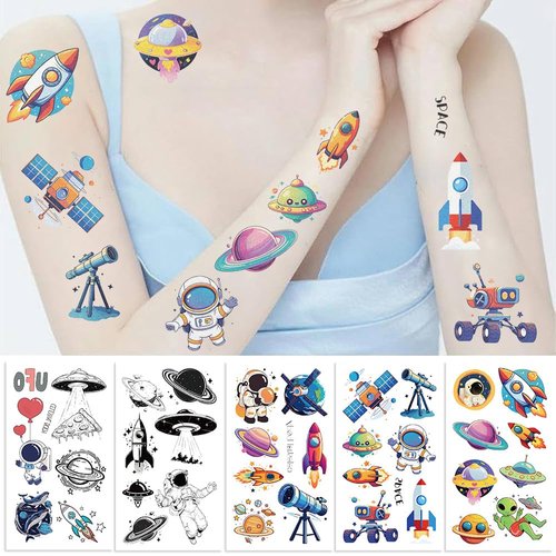 Y 10 Sheet Space Planet Temporary Tattoo Stickers Children Makeup Festival Carnival Birthday Party Fake Body Tattoos for Astronaut Outer Space Theme Face Tattoos Body Tattoos