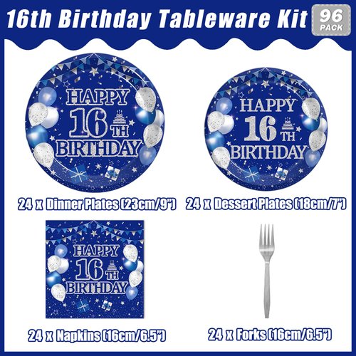 Kepeel 96Pcs 16th Birthday Party Tableware Set, Blue and Silver Happy 16th Birthday Party Decorations Supplies for Boys Girls 16 Years Old Birthday Party Dessert Plates Napkins Forks Favors, Serve 24