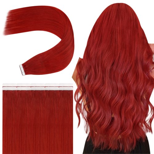 JoYoung Human Hair Tape in Extensions Red Tape in Hair Extensions Human Hair Red Tape ins Remy Hair Extensions Red Tape Natural Hair Extensions Colorful Red Hair Extensions for Women 20In 25G 10Pcs