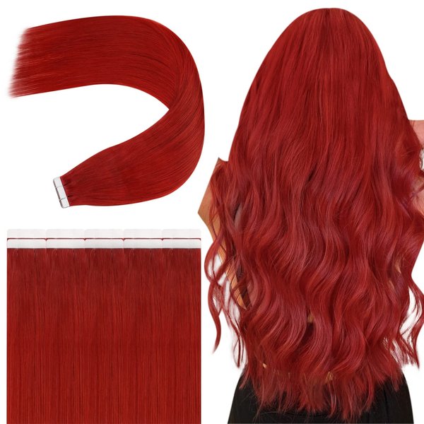 JoYoung Human Hair Tape in Extensions Red Tape in Hair Extensions Human Hair Red Tape ins Remy Hair Extensions Red Tape Natural Hair Extensions Colorful Red Hair Extensions for Women 20In 25G 10Pcs
