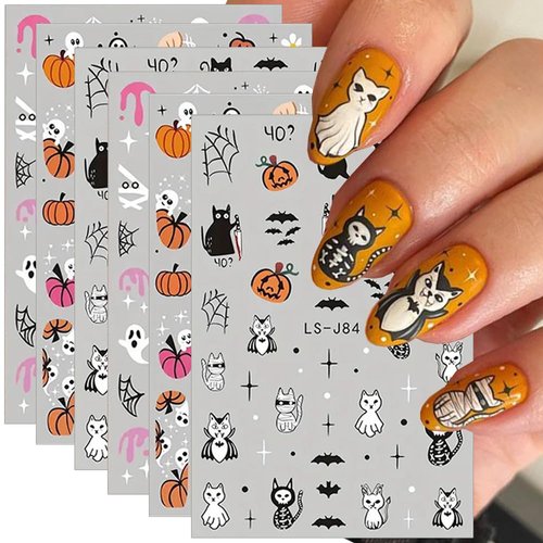 Halloween Nail Art Stickers Decals Cute Ghost Halloween Nail Stickers 6PCS Pumpkin Bat Ghost Skull Black Cat 3D Self-Adhesive Halloween Nail Art Decorations DIY Manicure Accessories for Women Girls