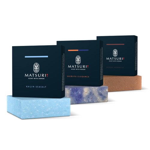 MATSURI祭り Soap Bar | 5 oz | 3 Pack | Cold Process & Natural Ingredients | Moisturizing & Exfoliating | No Harmful Additives | (Kaijin Seasalt/Shibuya Elegance/Rinzai Serenity)