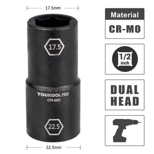 YOUKOOL 1/2-Inch Drive Double Ended Impact Socket, 17.5mm x 22.5mm, 6-Point,Thin Wall Wheel Protector Nut Socket, Made from Robust and Anti-Corrosive Steel, Precise Laser-Etched Size Markings