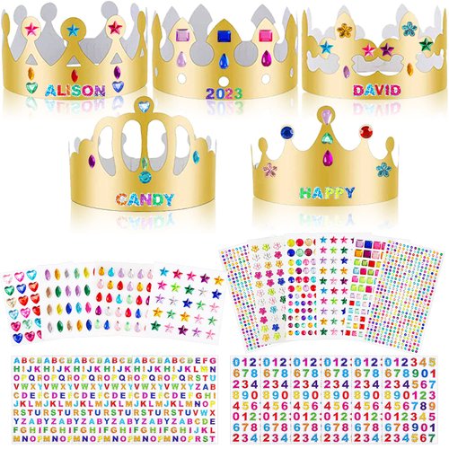 ZYNERY 47 PCS Paper Crown Golden Party Hats with Pieces Gem Stickers Jewels Stickers Rhinestone Numbers Crafts, Crown Party Making Kit and Crystal Stickers Self,DIY Crown Supplies for Kids Adults