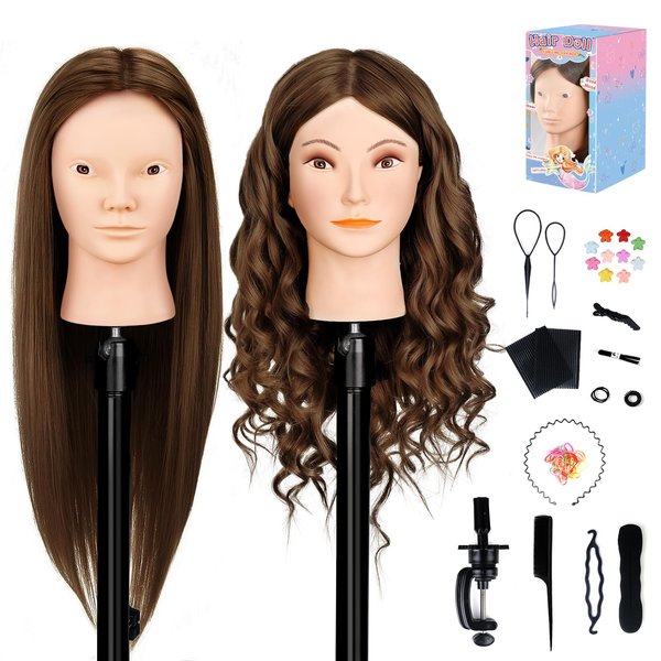 MYSWEETY Mannequin Head with Human Hair, 80% Real Hair 26'' Makeup Hairdressing Practice Training Head, Cosmetology Manikin Doll Head for Hair Styling with Clamp Holder and Tools