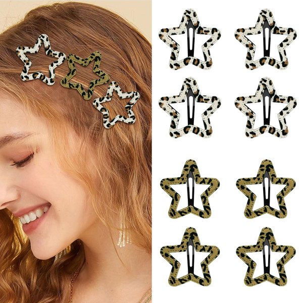 Snap Clips Leather Hair Clips Snap Hair Barrettes Non Slip Star Hair Accessories Leopard Colors Metal Snap Hair Clips for Girls Women -8P-Star