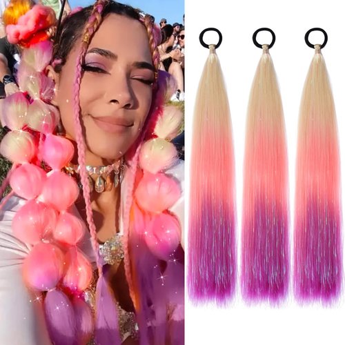 PORSMEER 3 Pack Hair Tinsel Colored Braided Ponytail Extension,colorful Gradient Hair Extensions with Elastic Tie Wrap Around Braiding Sparkling Hair Extension for Braids 24inch(Blonde/Pink/Purple)