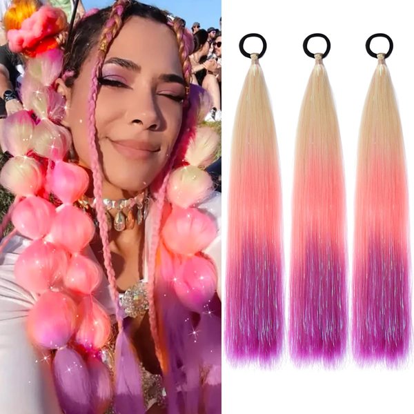 PORSMEER 3 Pack Hair Tinsel Colored Braided Ponytail Extension,colorful Gradient Hair Extensions with Elastic Tie Wrap Around Braiding Sparkling Hair Extension for Braids 24inch(Blonde/Pink/Purple)