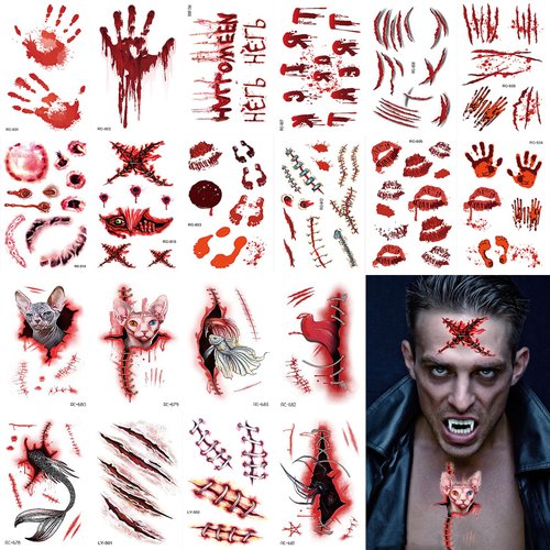 20 PCS Fake Scar Tattoos Temporary Halloween Makeup Paper Kit,Realistic Fake Bloody Wound Stitch Tattoos Cut,Waterproof Scar Tattoos Sticker Zombie Makeup for Halloween Costume Cosplay Party