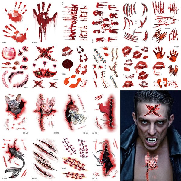 20 PCS Fake Scar Tattoos Temporary Halloween Makeup Paper Kit,Realistic Fake Bloody Wound Stitch Tattoos Cut,Waterproof Scar Tattoos Sticker Zombie Makeup for Halloween Costume Cosplay Party