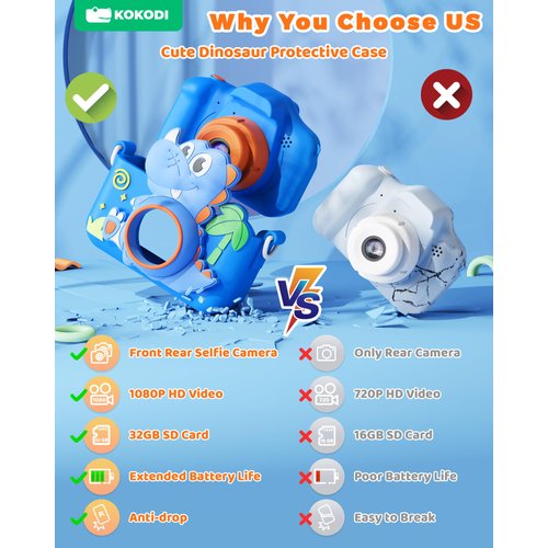 KOKODI Kids Camera Toy Digital Camera for Kids, Dinosaurs Birthday Gifts for Boys Age 3-12, 1080P HD Video Camera for Toddler, Children Toys for 3 4 5 6 7 8 9 Year Old Boys with 32GB SD Card