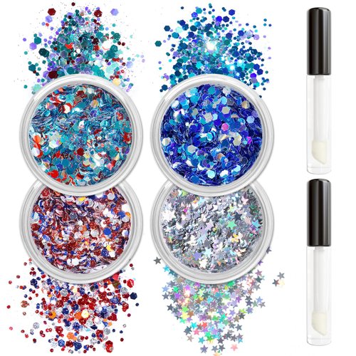 Allstarry Chunky Body Glitter 4 Colors Cosmetic Patriotic Face Glitter Veterans Day Eye Flakes Independence Day Hair Sequins Sparkle 4th of July Accessories for Women Face Paint Makeup Nails Art