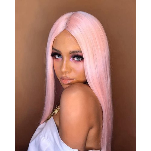 Msthoo Pink Lace Front Wigs for Women Long Straight Synthetic Hair Wig Replacement Heat Resistant Fiber Natural Hairline Half Hand Tied 24 inches