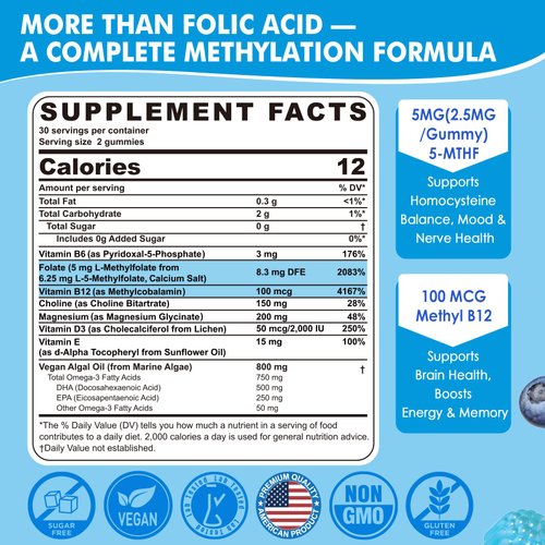 L Methylfolate Gummies & Methyl B12, Active 5-Mthf Methylated Folate 5mg Supplement for Women Men w/Methyl B Complex,Choline,Magesium,Omega-3,Methyl Folate for Methylation,Focus,Mood,Sugar Free,2Pack