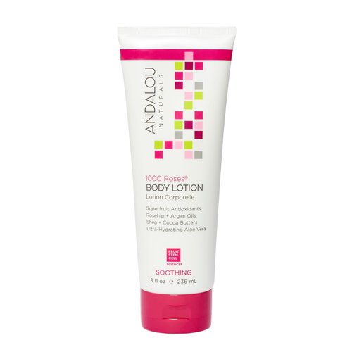 Andalou Naturals 1000 Roses Soothing Body Lotion, with Cocoa + Shea Butter, Aloe & Rosehip, Hydrating Sensitive Skin Lotion for Dry Skin, 8 Fl. Oz