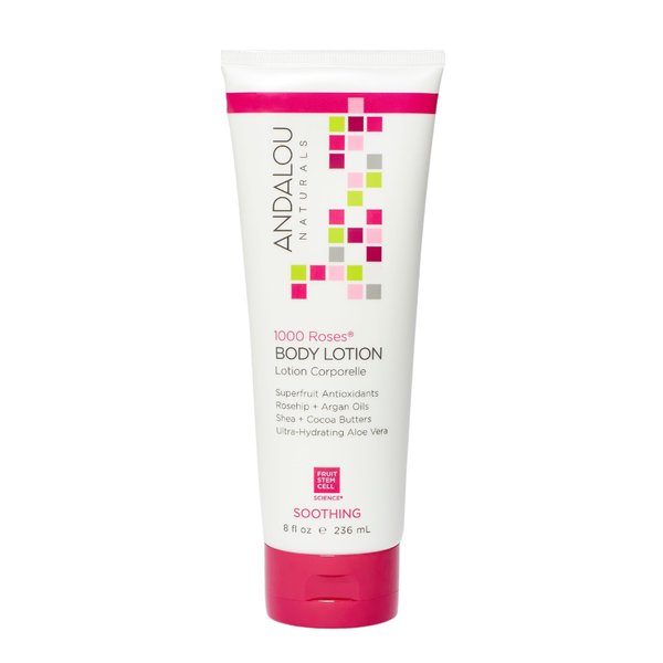 Andalou Naturals 1000 Roses Soothing Body Lotion, with Cocoa + Shea Butter, Aloe & Rosehip, Hydrating Sensitive Skin Lotion for Dry Skin, 8 Fl. Oz