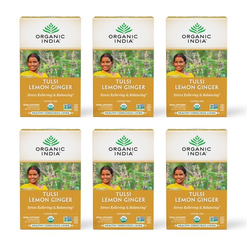 Organic India Tulsi Lemon Ginger Tea Bags - Herbal Tea, Stress Relieving & Reviving, Immune Support, Aids Digestion, Vegan, USDA Certified Organic, Non-GMO, Caffeine-Free - 18 Infusion Bags, 6 Pack