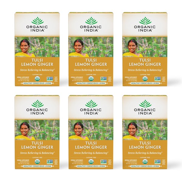 Organic India Tulsi Lemon Ginger Tea Bags - Herbal Tea, Stress Relieving & Reviving, Immune Support, Aids Digestion, Vegan, USDA Certified Organic, Non-GMO, Caffeine-Free - 18 Infusion Bags, 6 Pack