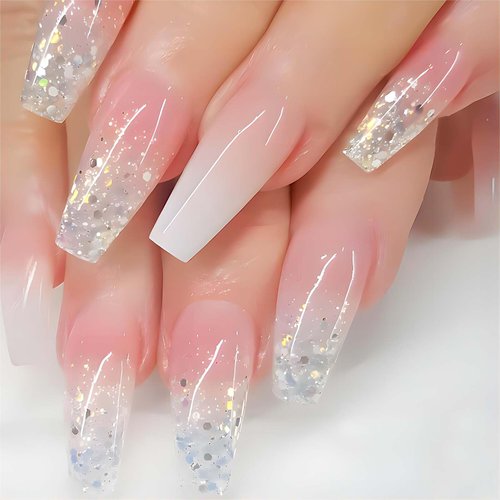 RUOKEXIN Long Press on Nails Coffin Fake Fingernails Pink White Ombre Shiny Acrylic False Nails with Glitter Designs Ballet Nail Press ons Glossy Artificial Nails Stick on Nails for Women 24Pcs