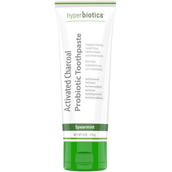 Hyperbiotics Probiotic Toothpaste with Activated Charcoal | Oral Probiotics for Women and Men | Fluoride Free Whitening | Freshen Bad Breath, Gum Health, Whiten Teeth | Spearmint, 1 Tube, 4oz