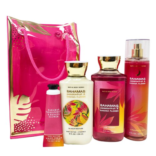 Bath and Body Bahamas Passionfruit & Banana Flower Gift Set Bag - Fragrance Mist - Body Lotion - Shower Gel and Hand Cream Arranged Inside a Decorative Gift Bag