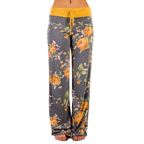iChunhua Women's Comfy Stretch Floral Print Drawstring Palazzo Wide Leg Lounge Pants(L,Yellow)