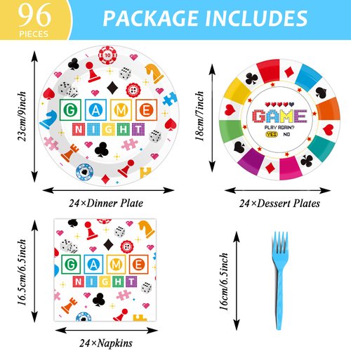 Wiooffen 96 Pcs Family Game Night Party Supplies Gaming Party Decoration For Birthday Party Video Game Party Tableware Set Kids Game Night Party Paper Plate Napkin Fork 24 Guests