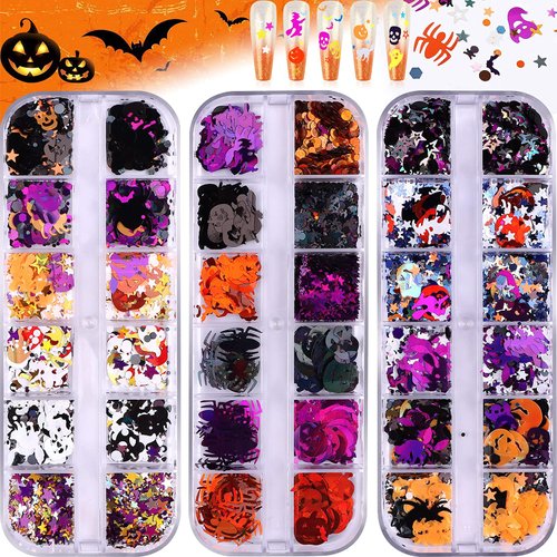 EBANKU 3 Boxes Halloween Nail Art Glitter Sequins, 3D Holographic Skull Spider Pumpkin Bat Ghost ...