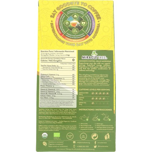 Miracle Tree's Moringa Energy Tea - Green Tea, Ginger & Lemon | Super Caffeinated Blend | Healthy Coffee Alternative, Perfect for Focus | Organic Certified & Non-GMO | 5 X 16 Pyramid Sachets