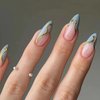 MERVF Almond Press on Nails Medium Fake Nails Blue French Tip Stiletto Acrylic Nails Press ons with Gold Lines Design Glue on Nails 24pcs Glossy