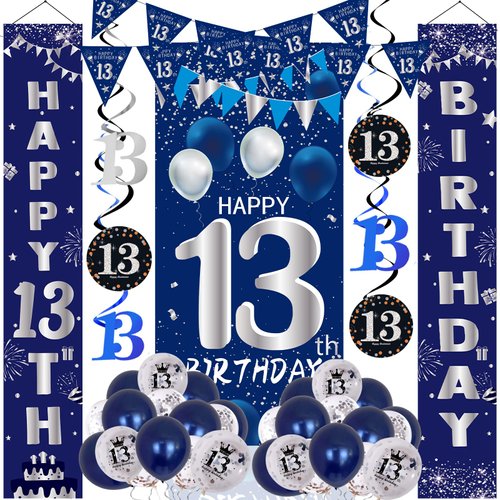 13th Birthday Decorations for Boys Girls, Navy Blue 13th Birthday Party Decorations Happy 13th Birthday Door Banner, 13 Year Old Porch Sign Party Supplies Boy Blue Bday Balloons Backdrop Hanging Swirl