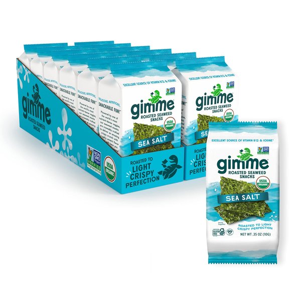 gimMe Organic Roasted Seaweed Sheets Sea Salt Sharing Size Keto, Vegan, Gluten Free Great Source of Iodine and Omega 3, 12 Count