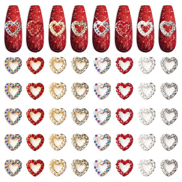 XEAOHESY 40 Pieces Gold and Silver Alloy Heart Charms for Nails Love Heart Nail Charms Gems Christmas Heart Nail Studs Inlaid Rhinestone Pearls for Women Girls Valentine's Day Nail Art