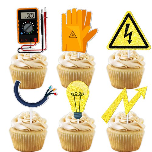 18pcs Gold Glitter Tools Dessert Cupcake Topper Power Electrician Lineman Theme Decor Supplies Boy Man Happy Birthday Party Decorations