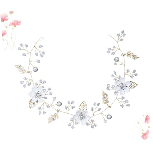 DRESSOOS Wedding Bridal Pearl Headband Hair Ties for Women Flower Girl Headpiece Bridal Flower Garland Floral Hair Accessories Pearl Flower Headband Hair Ring Bride The Flowers White