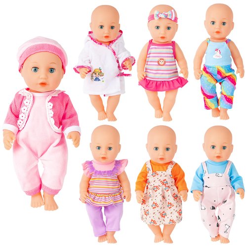 deAO Doll Clothes,7 Set Baby Doll Clothes for 14 Inch Dolls,Doll Clothes Outfits Dress with Hats Doll Accessories,Dress Up Fun(Doll Not Included)